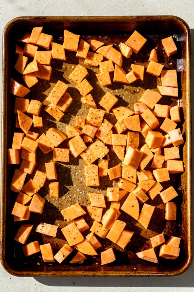 roasted sweet potatoes for Kale Harvest Grain Bowl.