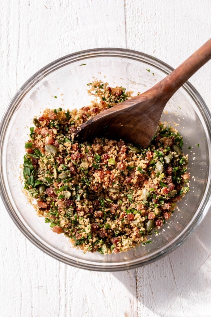 Pancetta and Toasted Breadcrumb topping.