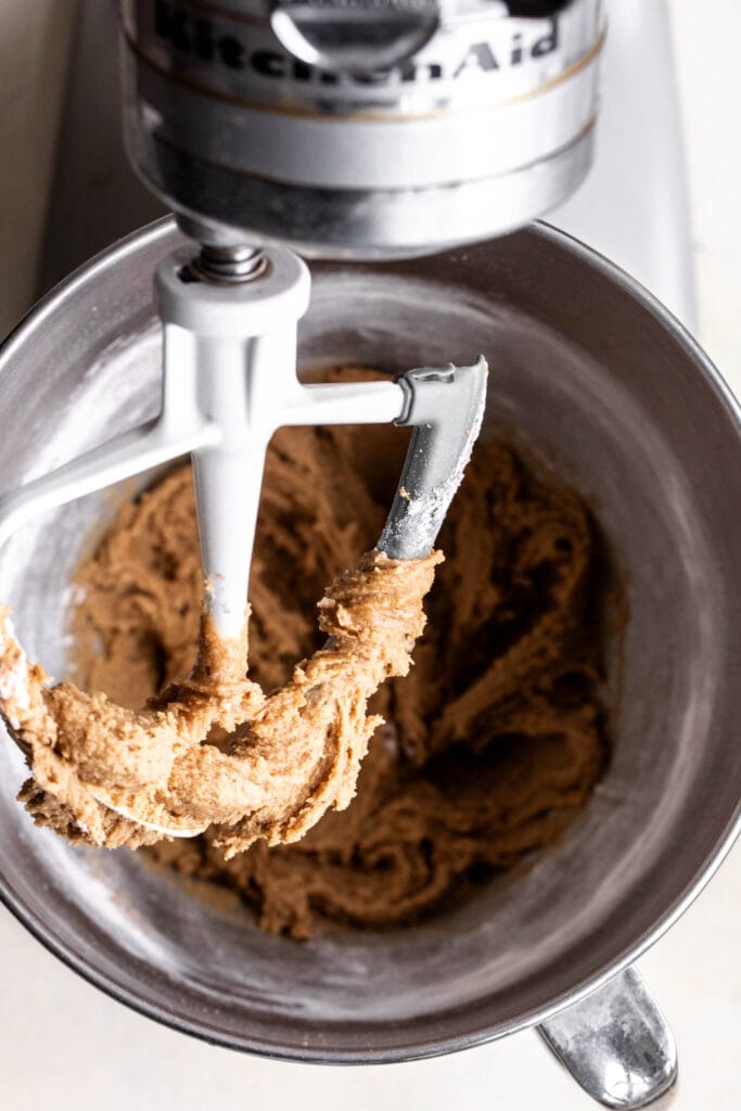 date cake batter in stand mixer.