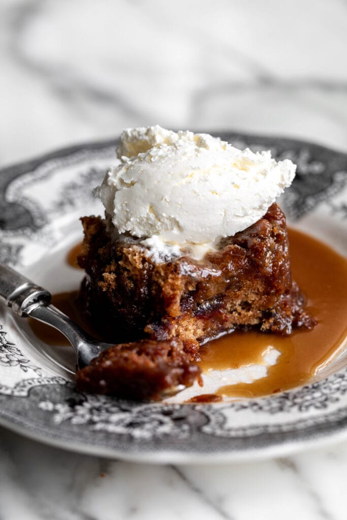 sticky toffee pudding topped with mascarpone cream.