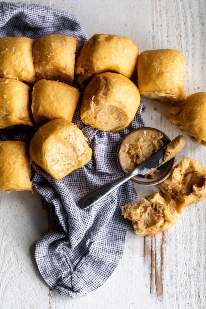 sweet potato pull apart dinner rolls with whipped cane sugar butter.