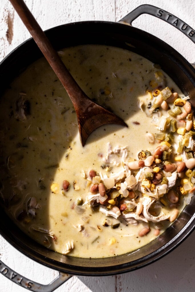 shredded chicken with corn, beans, and cream.