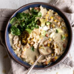 white chicken chili with charred poblano peppers, green chilies, fire roasted corn.