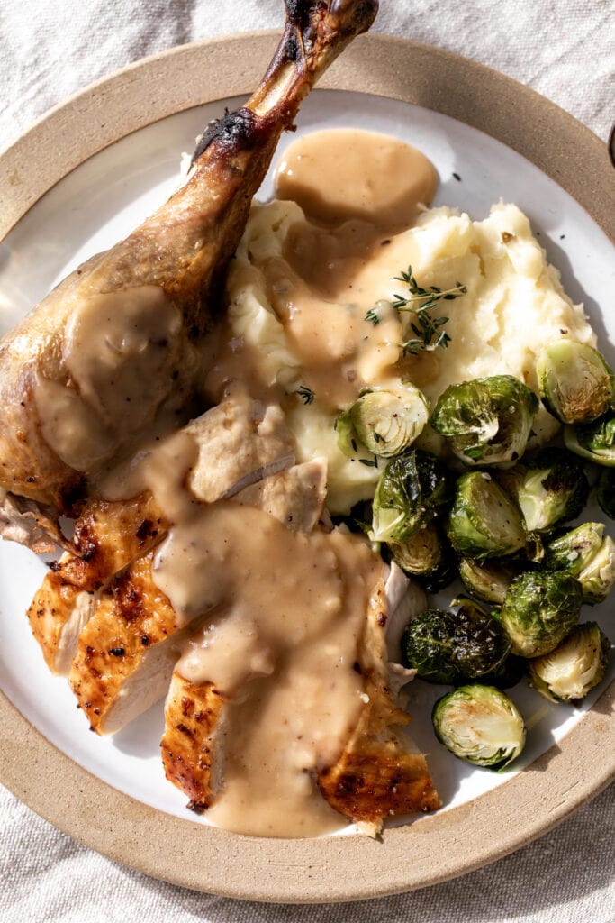 chicken and vegetables with white wine gravy.