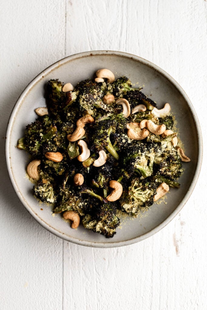 Chili Oil Roasted Broccoli with Cashews and nutritional yeast.