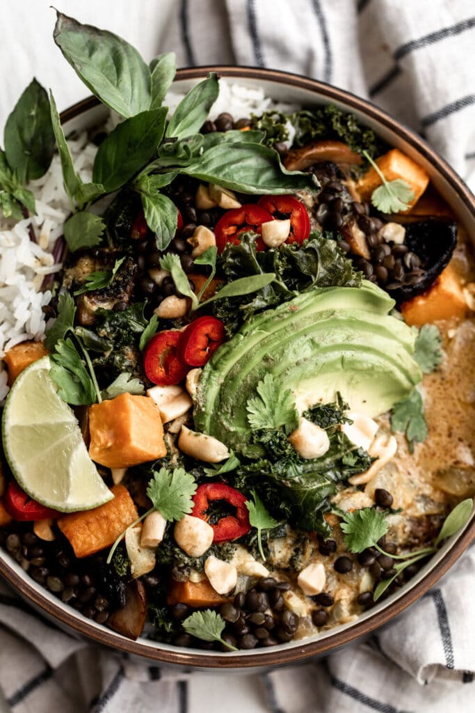 Coconut Curry Roasted Sweet Potato Lentil Bowl Healthy-ish recipe.