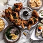 how to make a fried chicken and caviar bar with blinis and martinis.