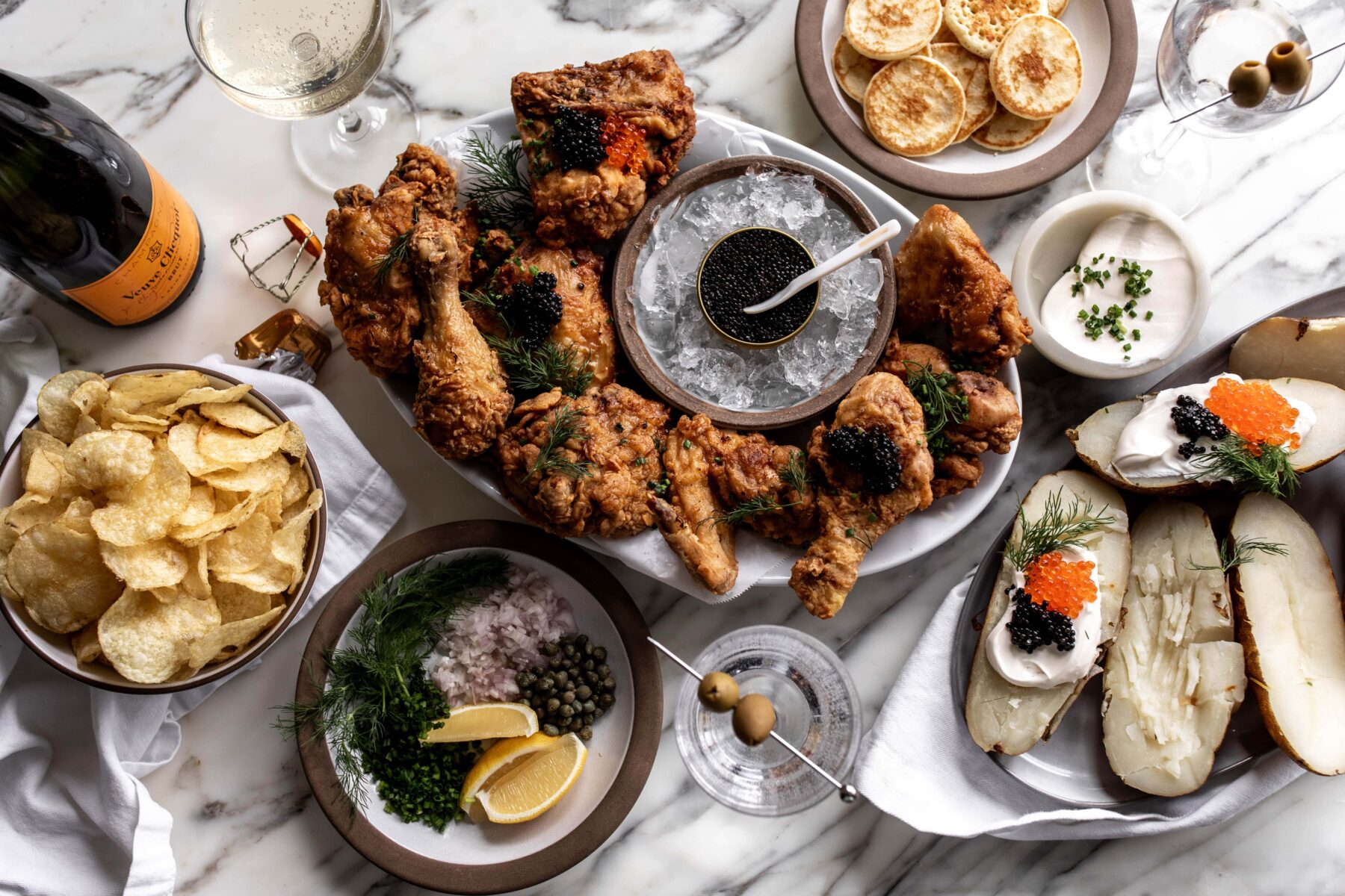 how to make a fried chicken and caviar bar with blinis and martinis.