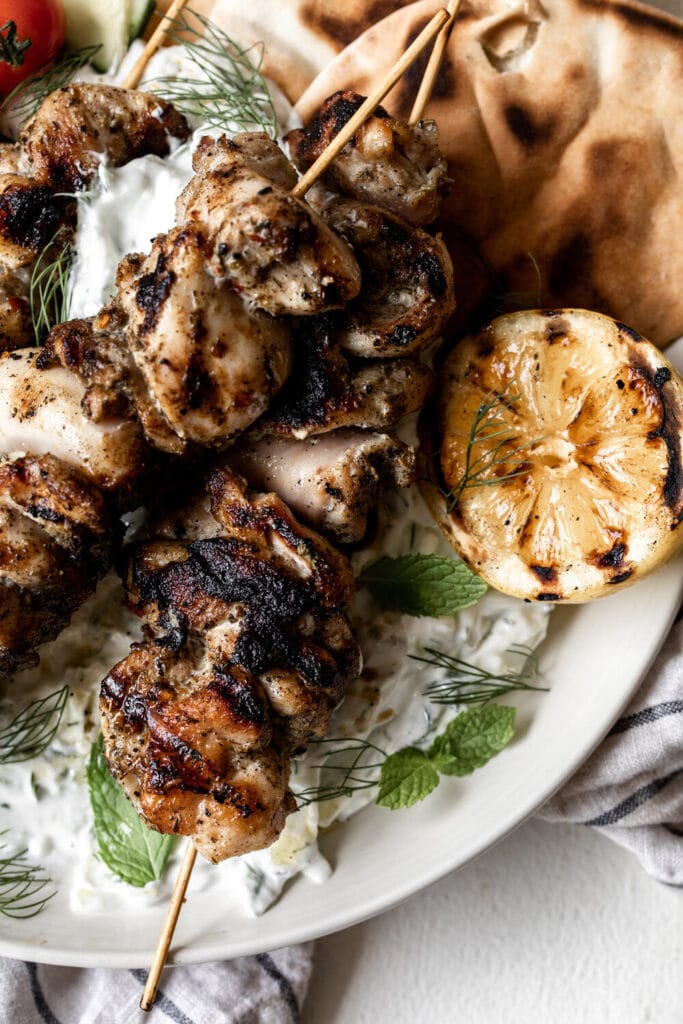 Greek Chicken Souvlaki with Charred Lemon healthy-ish recipe.