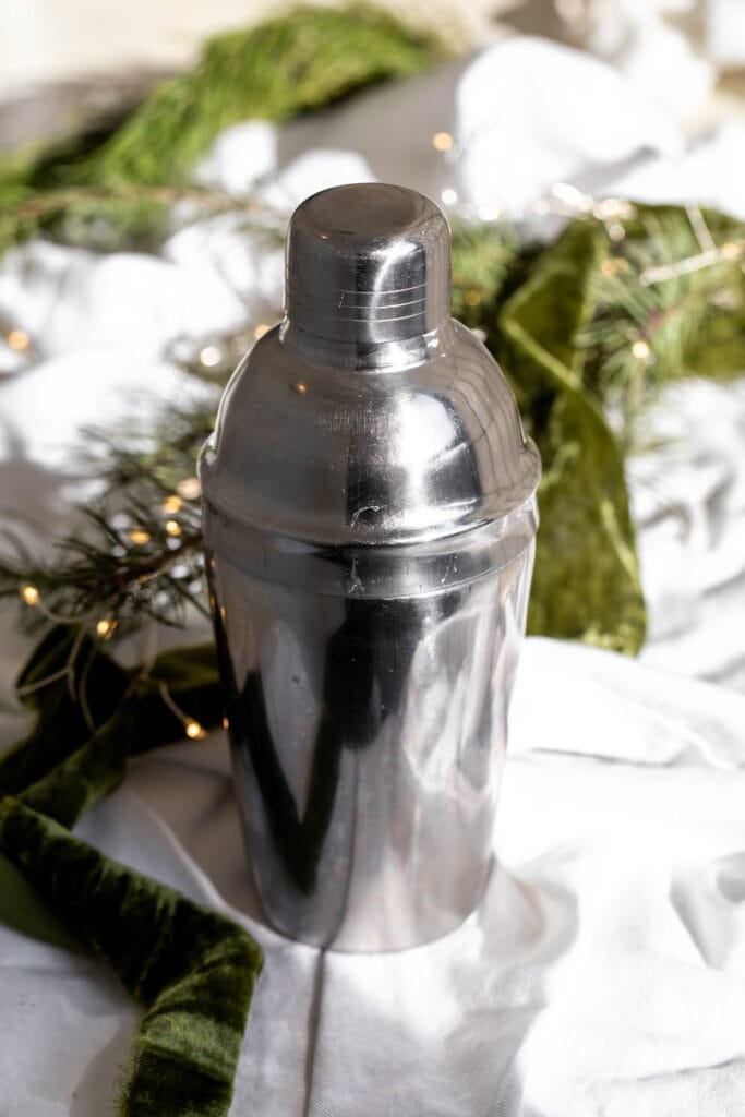 ingredients in a shaker for Peppermint Martini.