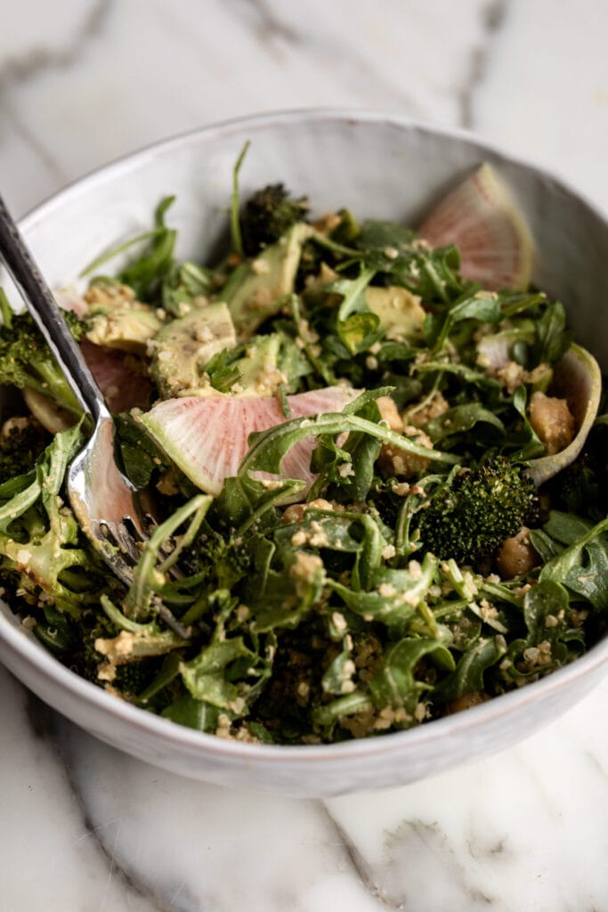 healthy-ish Roasted Broccoli Grain Bowl with Arugula.