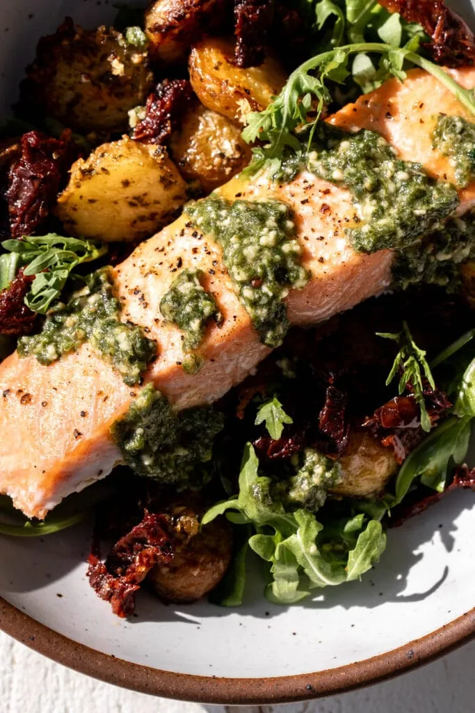 served Roasted Salmon with Pesto Potatoes.