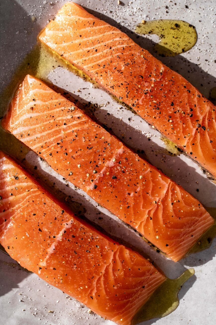 filleted raw salmon for Roasted Salmon with Pesto Potatoes.