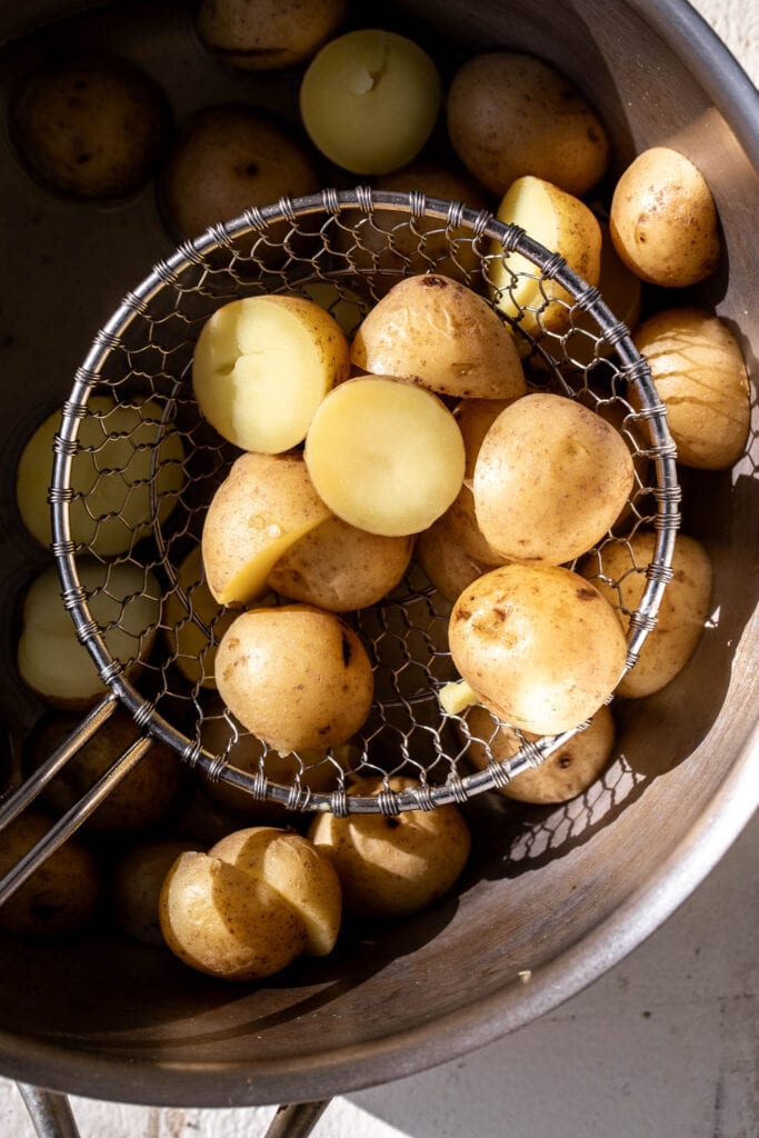 boiled potatoes for Roasted Salmon with Pesto Potatoes.