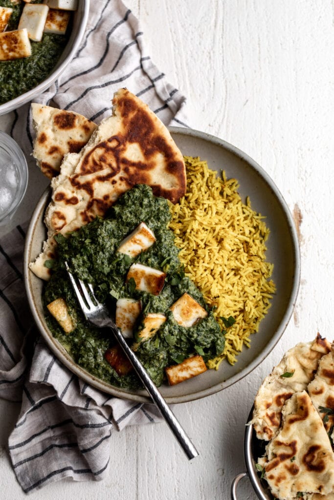 Saag Paneer over Turmeric Rice healthy-ish recipe.