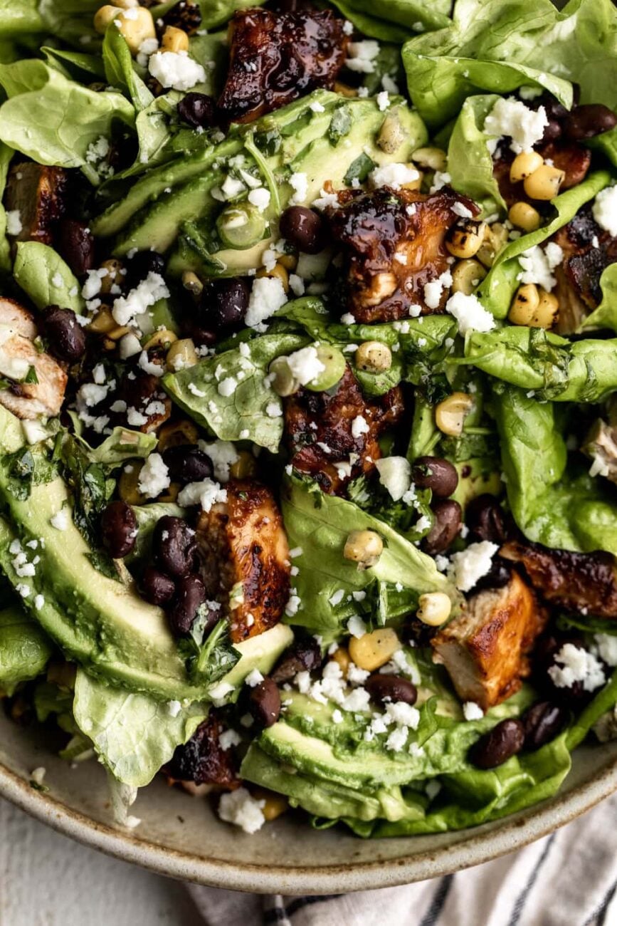 Southwest Salad with BBQ Chicken, corn and butter lettuce.