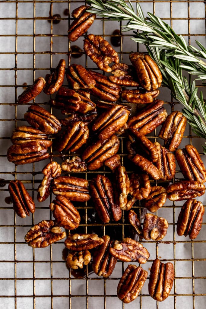 candied pecans with rosemary sprig.