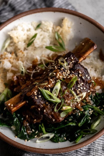 braised miso ginger short ribs over rice.