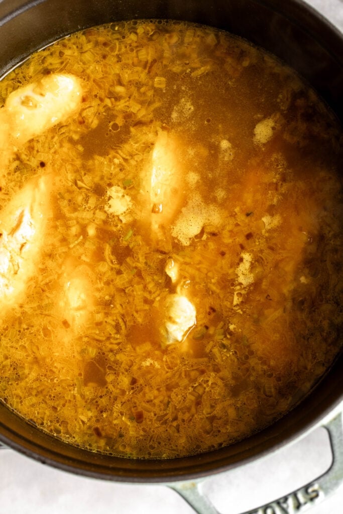 boiled chicken breast in coconut turmeric broth.