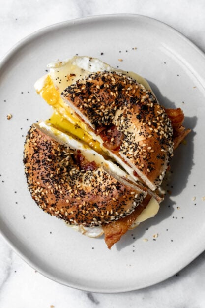confit garlic cream cheese bagel with eggs.