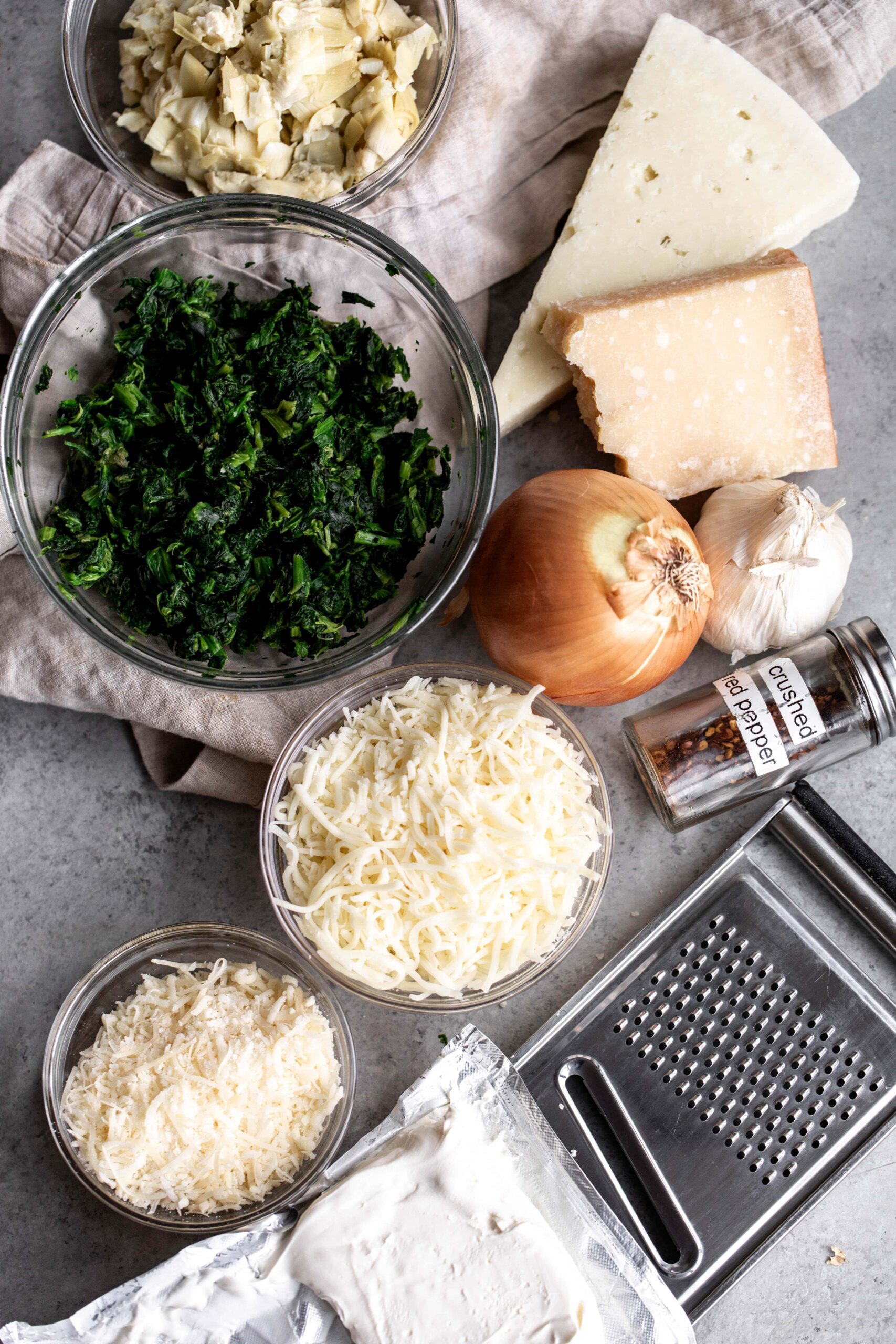 ingredients for Creamy Spinach Artichoke Dip.