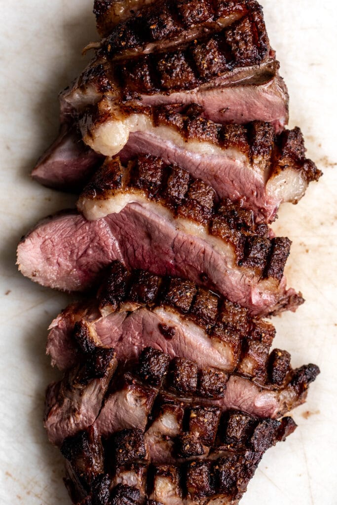 sliced seared duck breast.