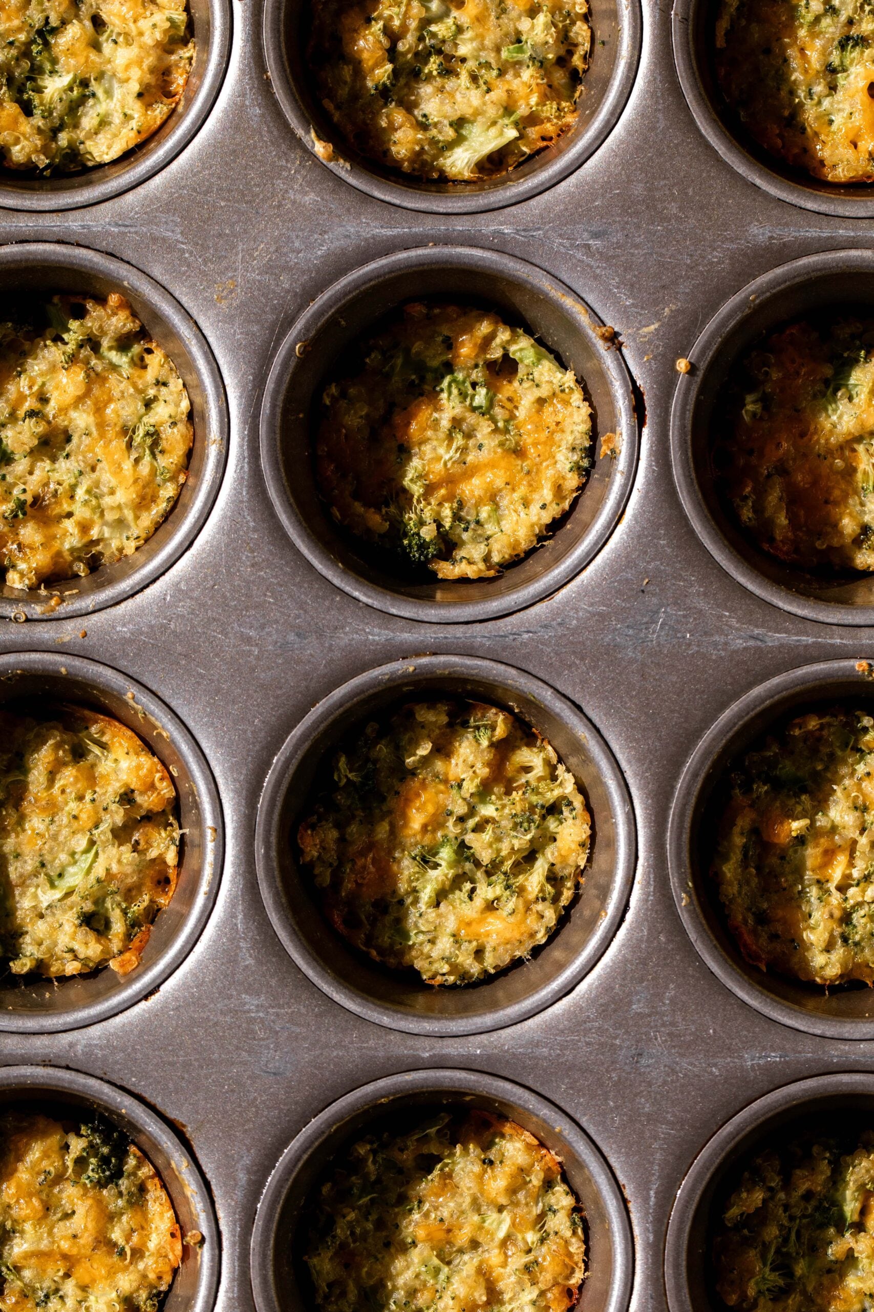 baked broccoli cheddar quinoa bites in mini muffin tins.