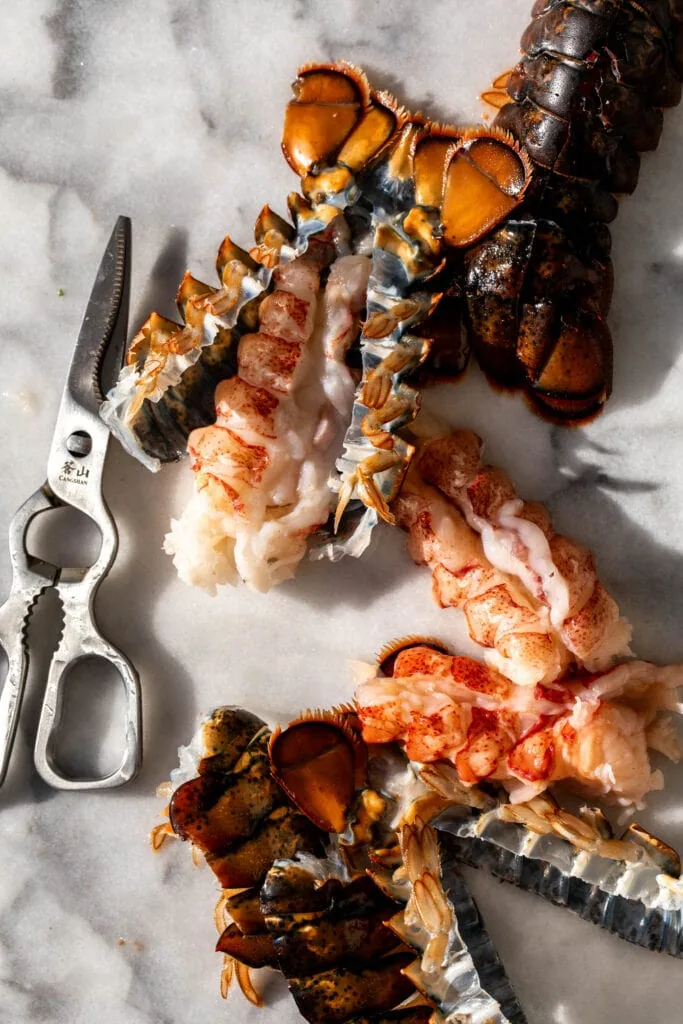 shelled cut raw lobster tails for Butter Poached Lobster Tails.