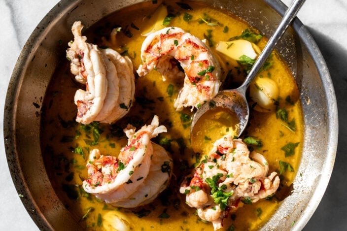 butter poached Atlantic lobster tails.