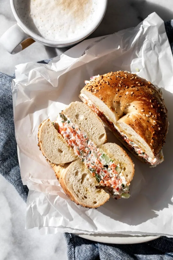 chopped smoked salmon bagel made with cream cheese and dill.