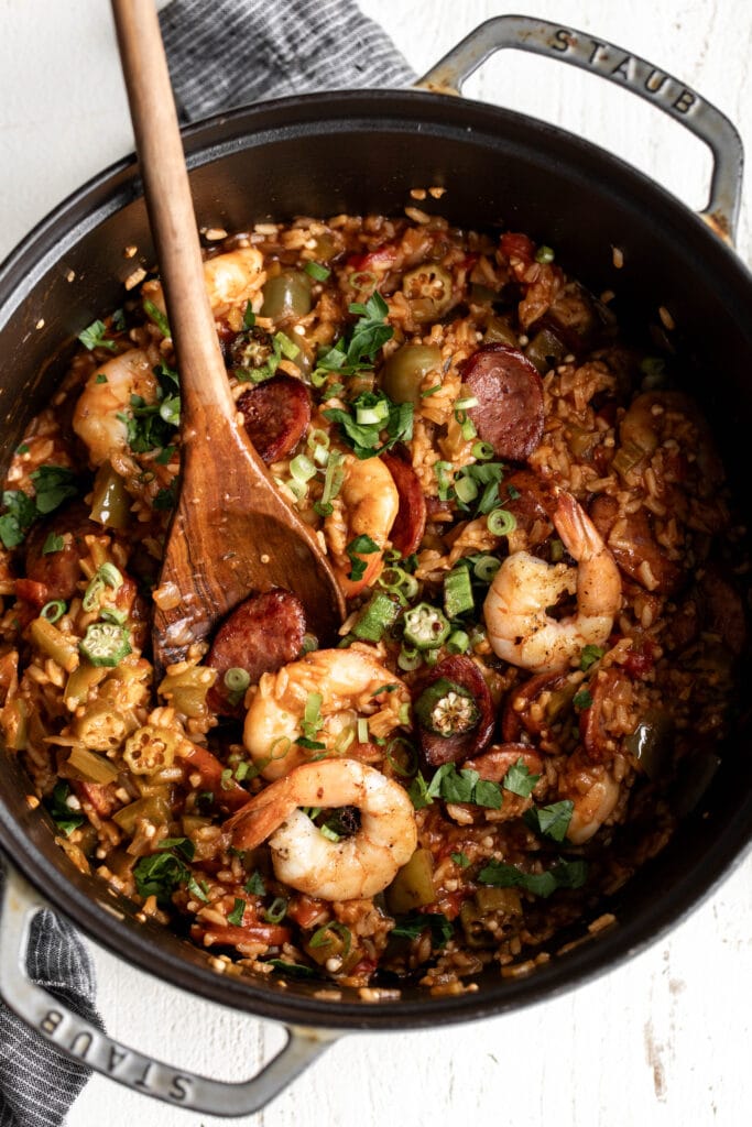 creole jambalaya with sautéed shrimp and andouille sausage and okra.