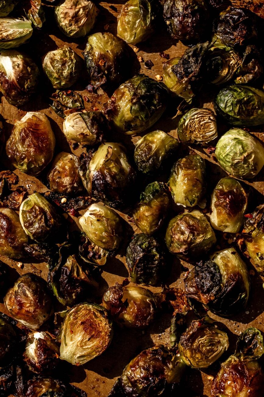 roasted brussels sprouts on baking sheet.