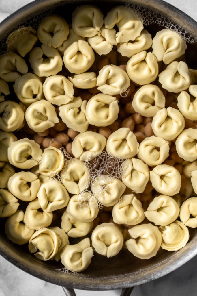 boiled tortellini with chickpeas.