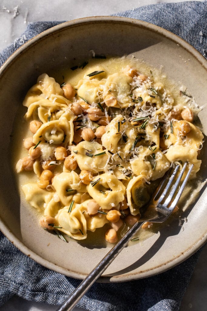 rosemary and chickpea tortellini pasta weeknight dinner.