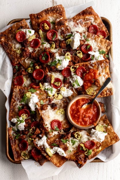 Italian pasta nachos with pepperoni and sausage.