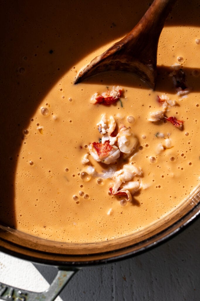 finished lobster bisque soup with lobster meat.