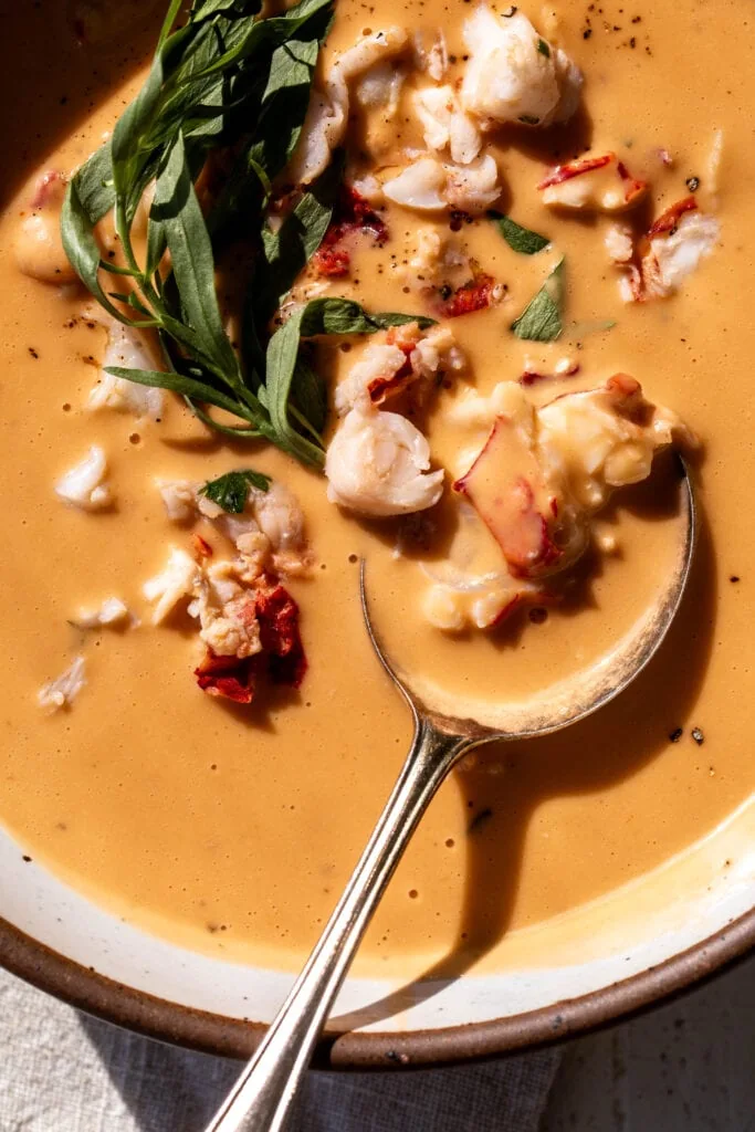 closeup lobster bisque with lobster meat and tarragon garnish in bowl with soup spoon