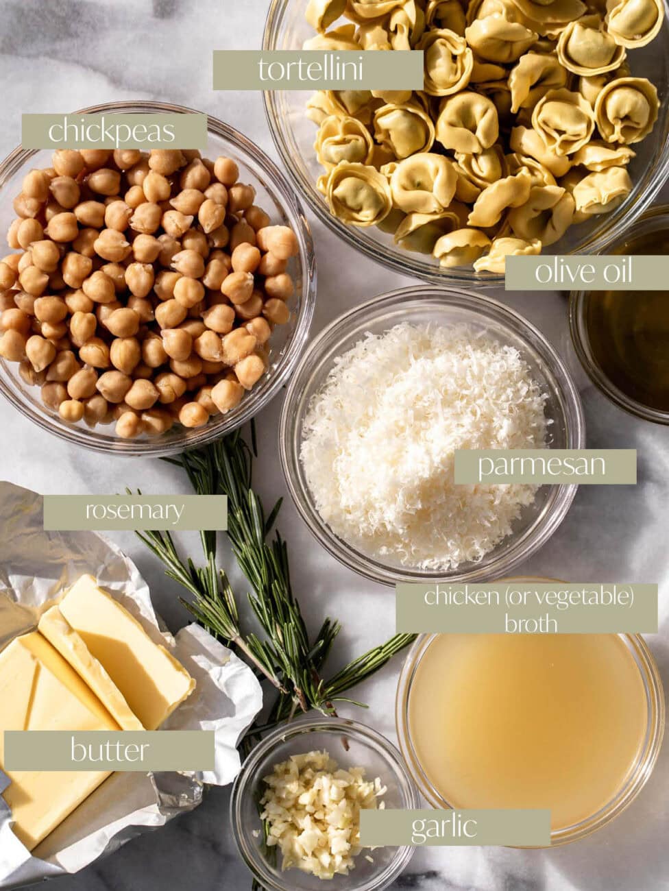 easy rosemary chickpea tortellini labeled ingredient photo.