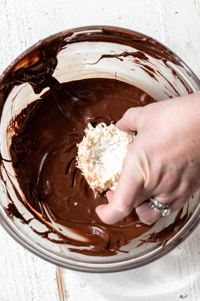 coconut macaroons dipped in melted chocolate.