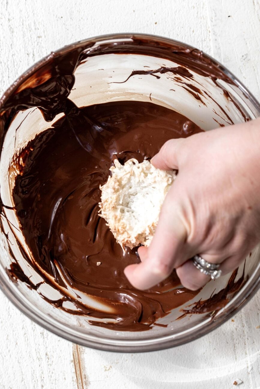 coconut macaroons dipped in melted chocolate.