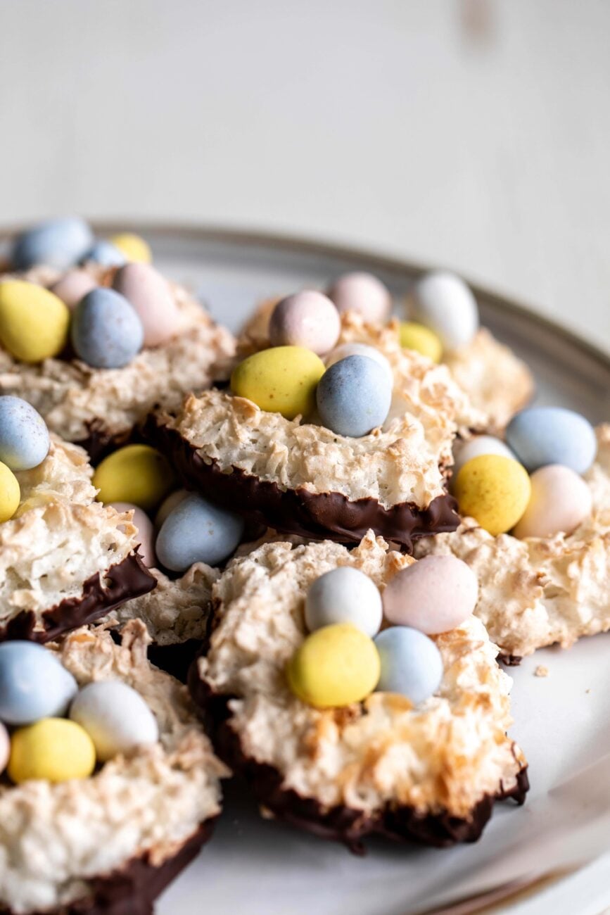 Easter Chocolate Coconut Macaroon Nests with milk chocolate cadbury eggs.