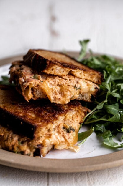 kimchi tuna salad melt with cheddar cheese.