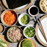 Separated ingredients for at home temaki hand roll temaki bar.