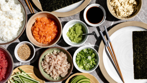Separated ingredients for at home temaki hand roll temaki bar.