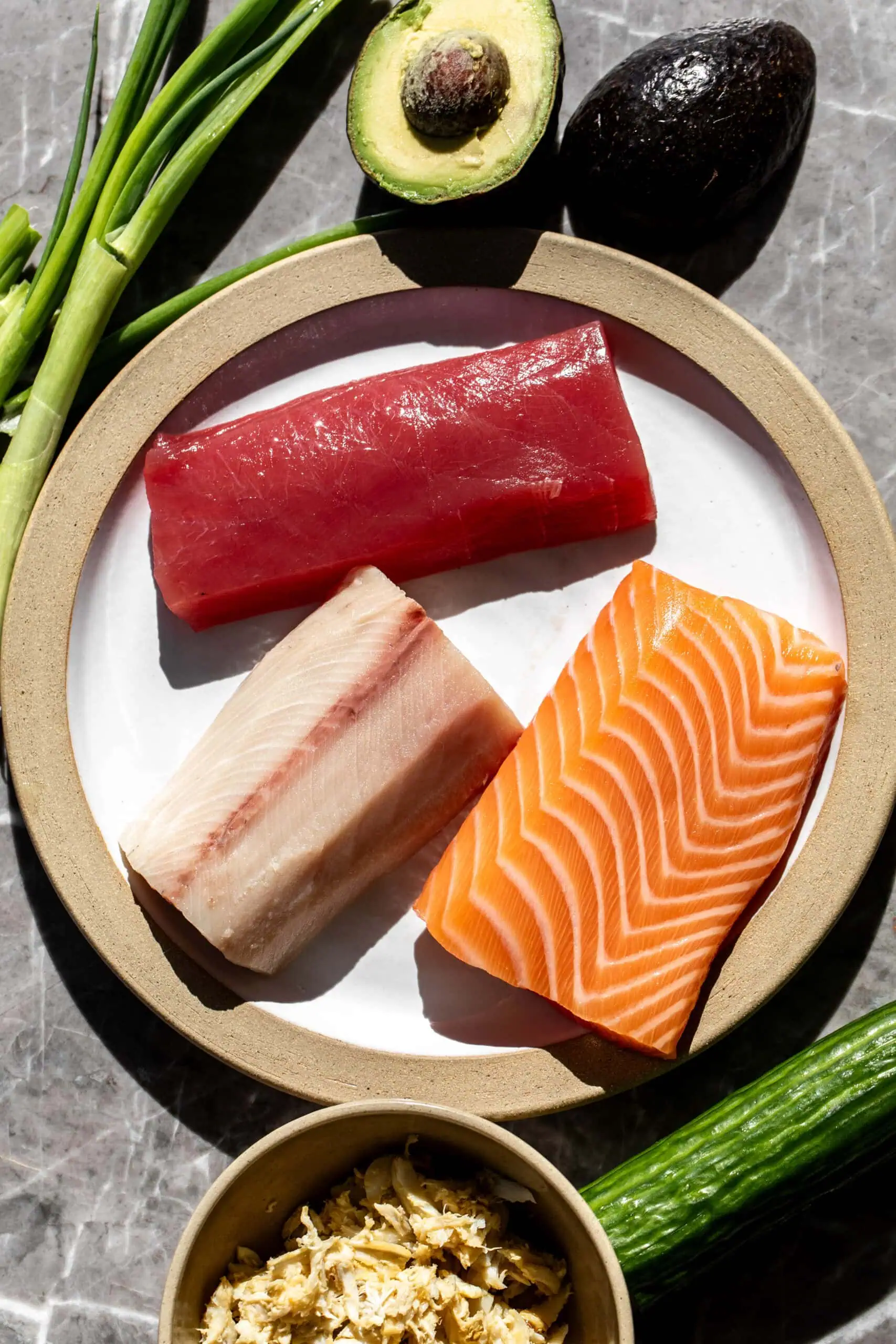 sushi grade tuna salmon and yellowtail.