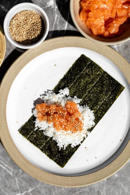 at home hand roll bar salmon sushi hand roll.