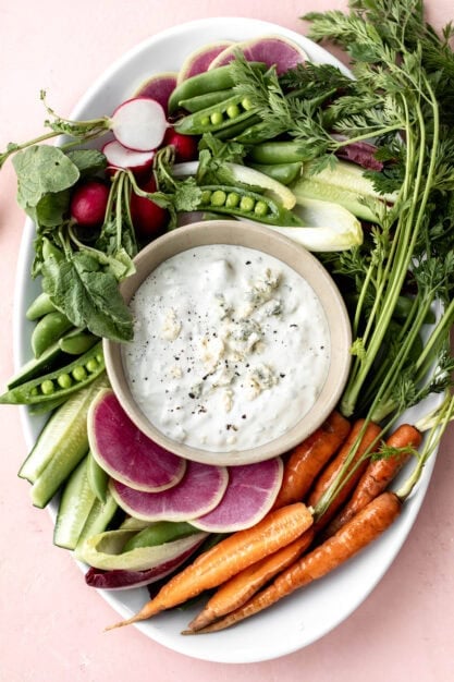blue cheese dressing with crudite.