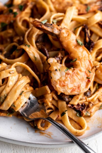 fettuccine with shrimp and sun dried tomato cream sauce.