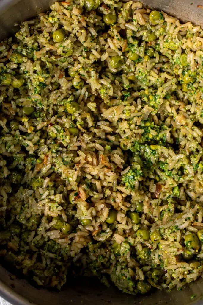 Pistachio pesto and rice mixed for Spring Rice Pilaf with Pistachio Pesto.