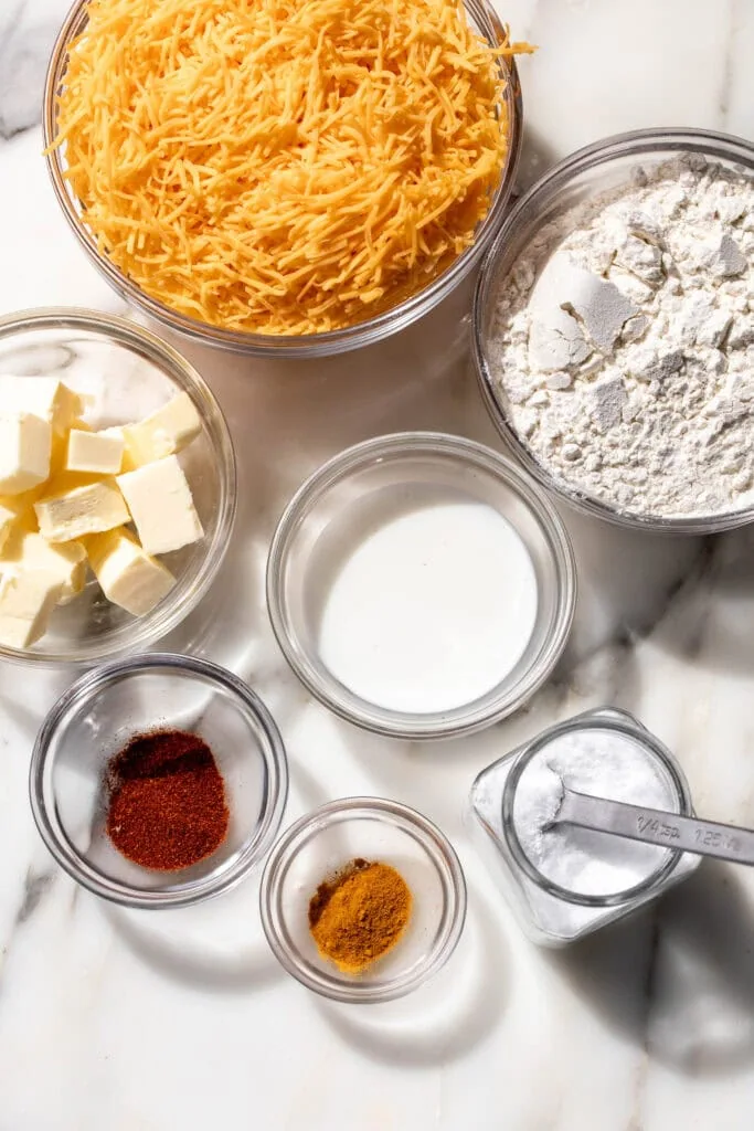 Homemade Cheez It Crackers ingredients laid out in bowls.